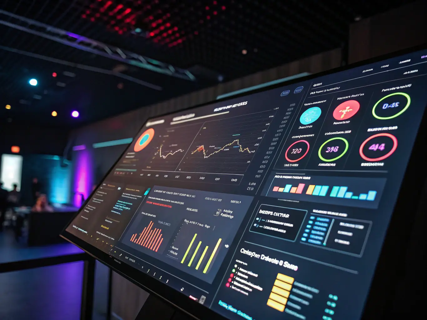 A dashboard displaying event attendance statistics, showing a bar graph with different student groups and their participation rates in various events, set against a backdrop of a modern university campus.