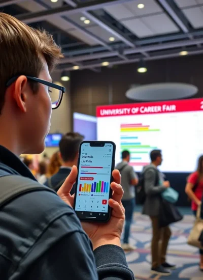 A student using a mobile app to participate in a live poll during a university career fair, with the poll results displayed on a large screen.