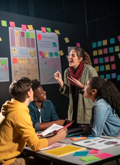 A group of students collaborating on a digital whiteboard during a university hackathon, brainstorming ideas and sharing them in real-time.