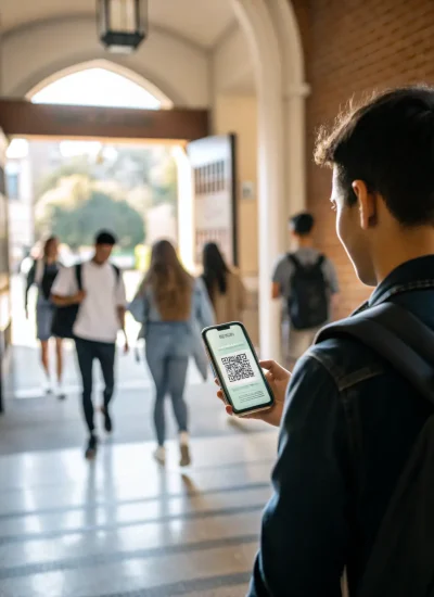 A student scanning a QR code at a university welcome event to instantly access event information, schedules, and speaker profiles on their smartphone.